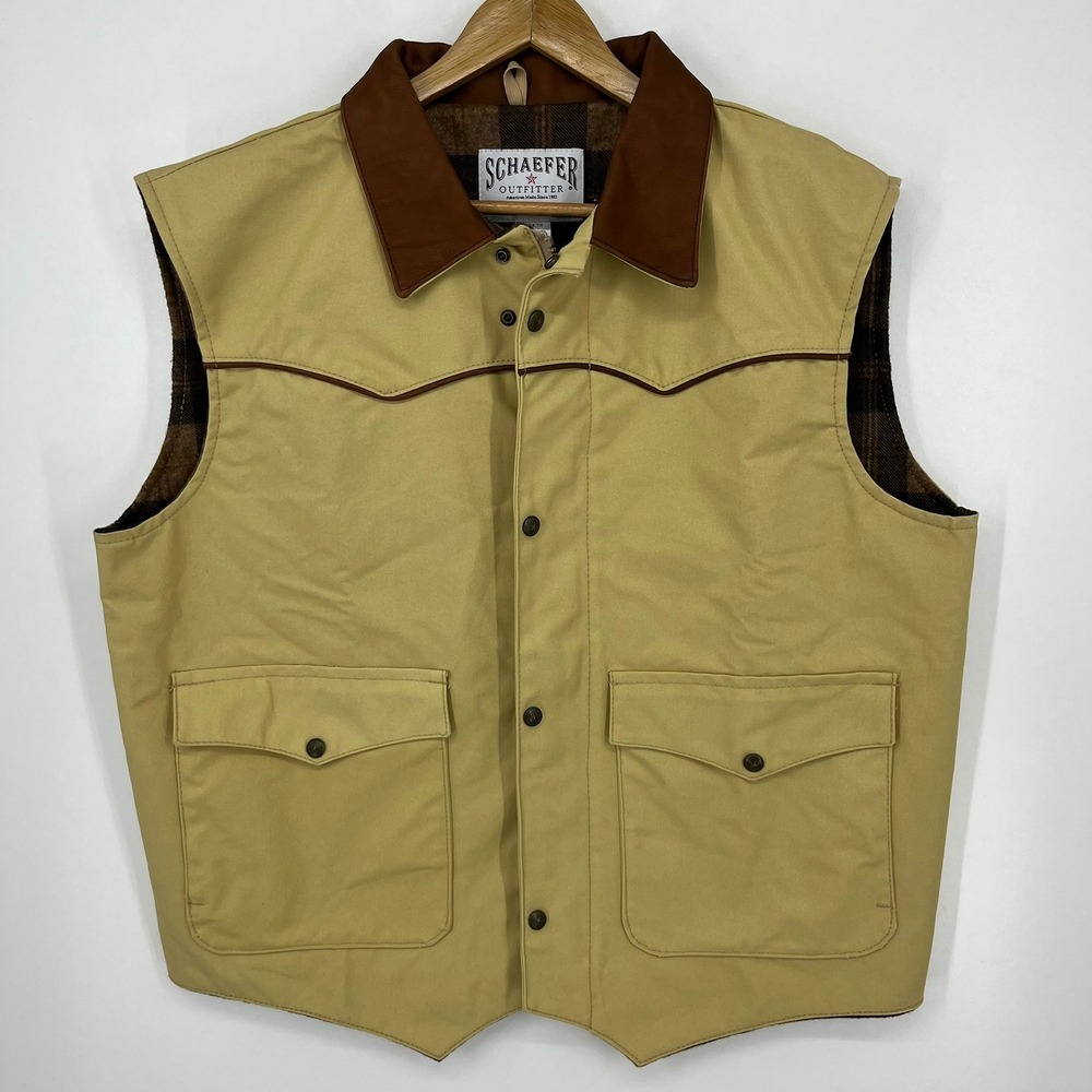 Schaefer Outfitter 712 Mens Tan Canvas Western Ranch Vest Leather Collar XL USA